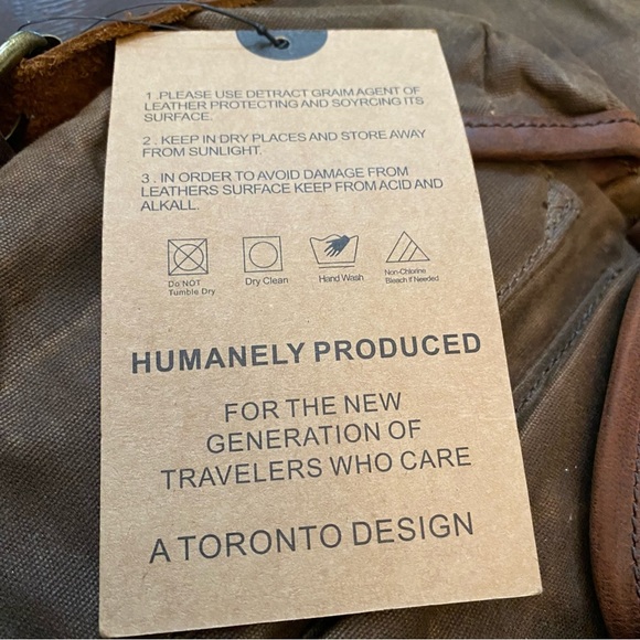 NWT District Fly Brown Leather Fabric Mix Humanely Produced Travelers Backpack - Picture 14 of 14